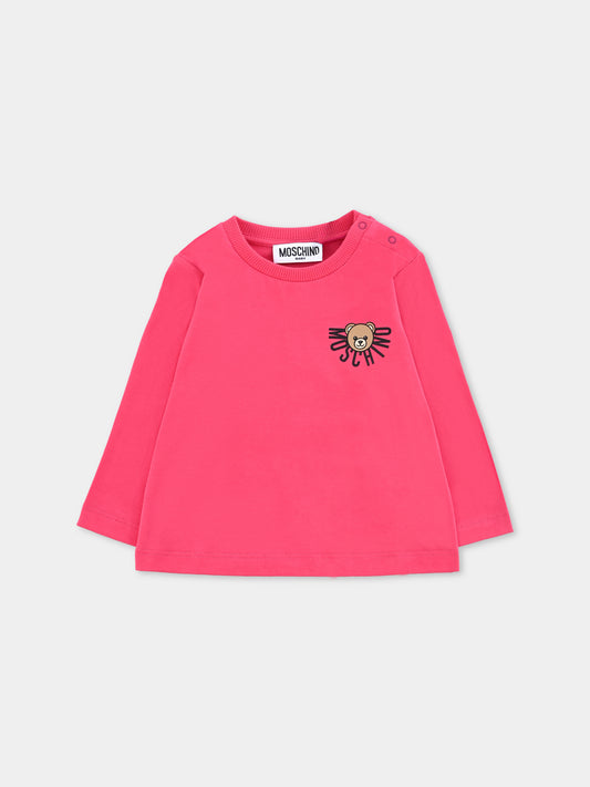 T-shirt fucsia per neonata con logo e Teddy Bear,Moschino Kids,MVO00R LAA10 50541