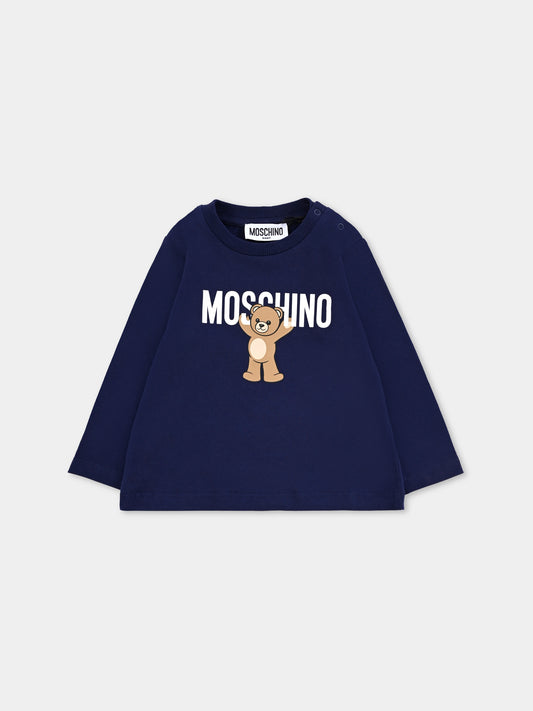 T-shirt blu per neonati con logo e Teddy Bear,Moschino Kids,MZO00R LAA10 40016