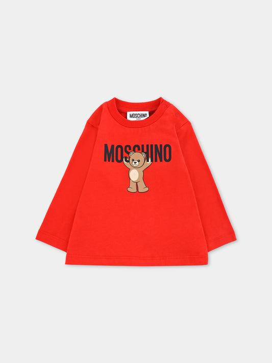 T-shirt rossa per neonati con logo e Teddy Bear,Moschino Kids,MZO00R LAA10 50109