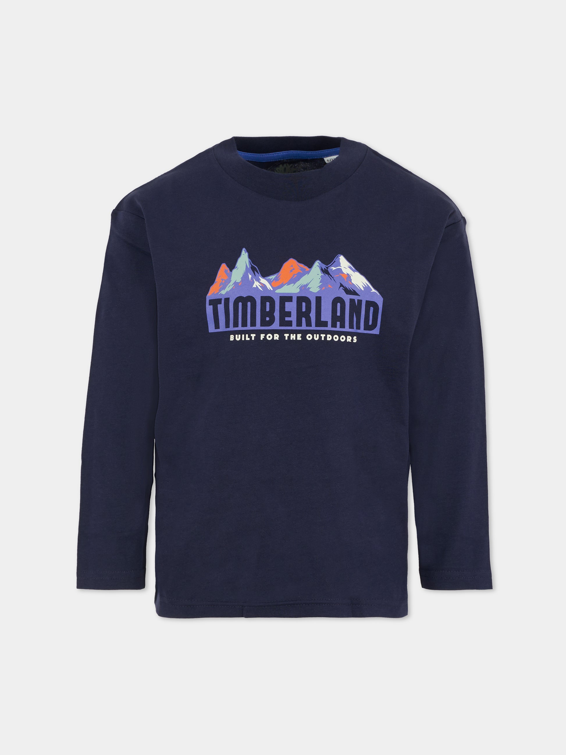 T-shirt blu per bambino con paesaggio e logo,Timberland,T60537 85T
