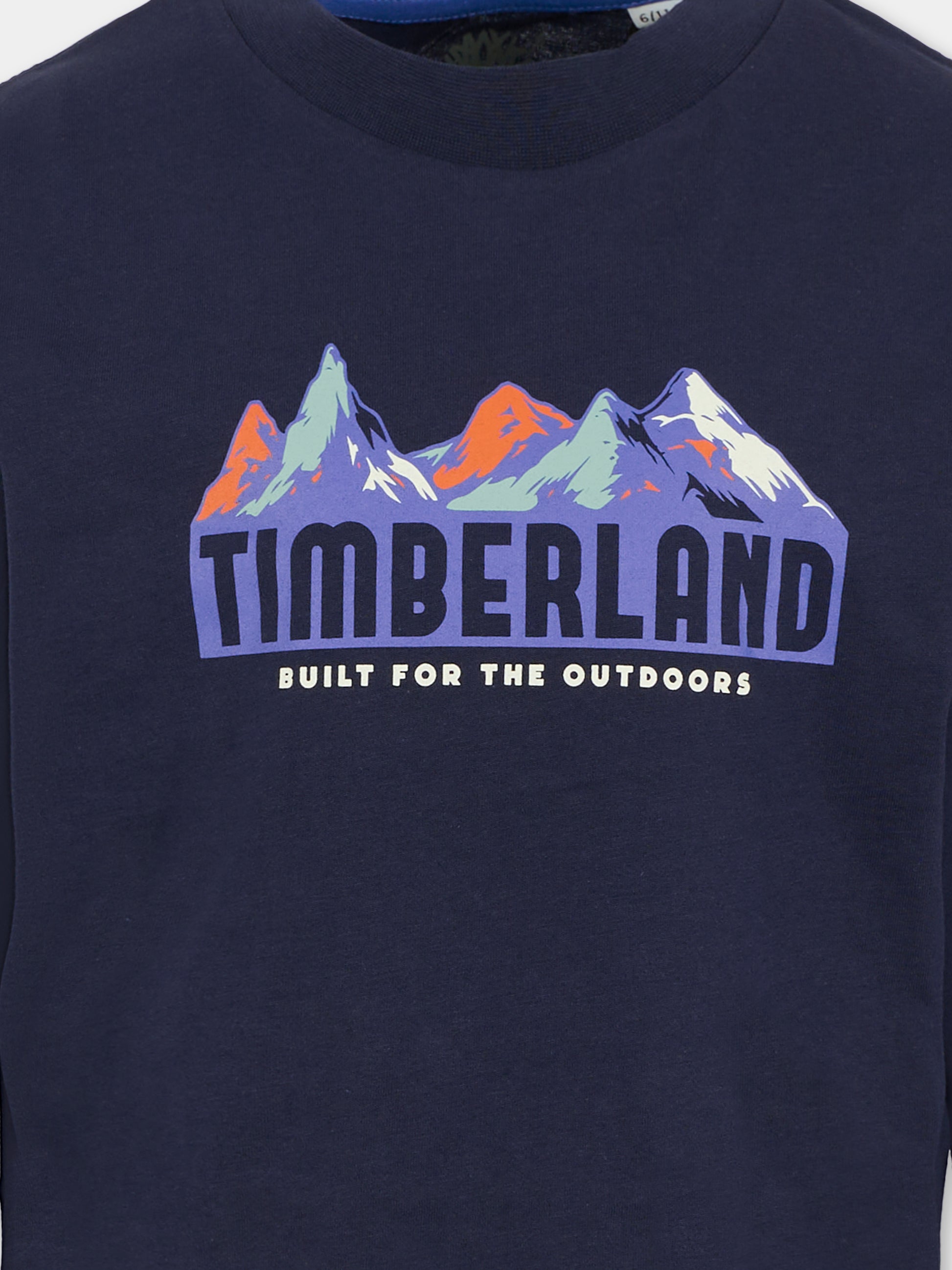 T-shirt blu per bambino con paesaggio e logo,Timberland,T60537 85T