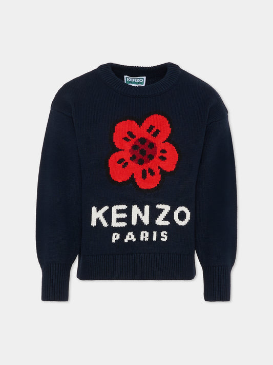 Maglione blu per bambina con papavero,Kenzo Kids,K61334 845