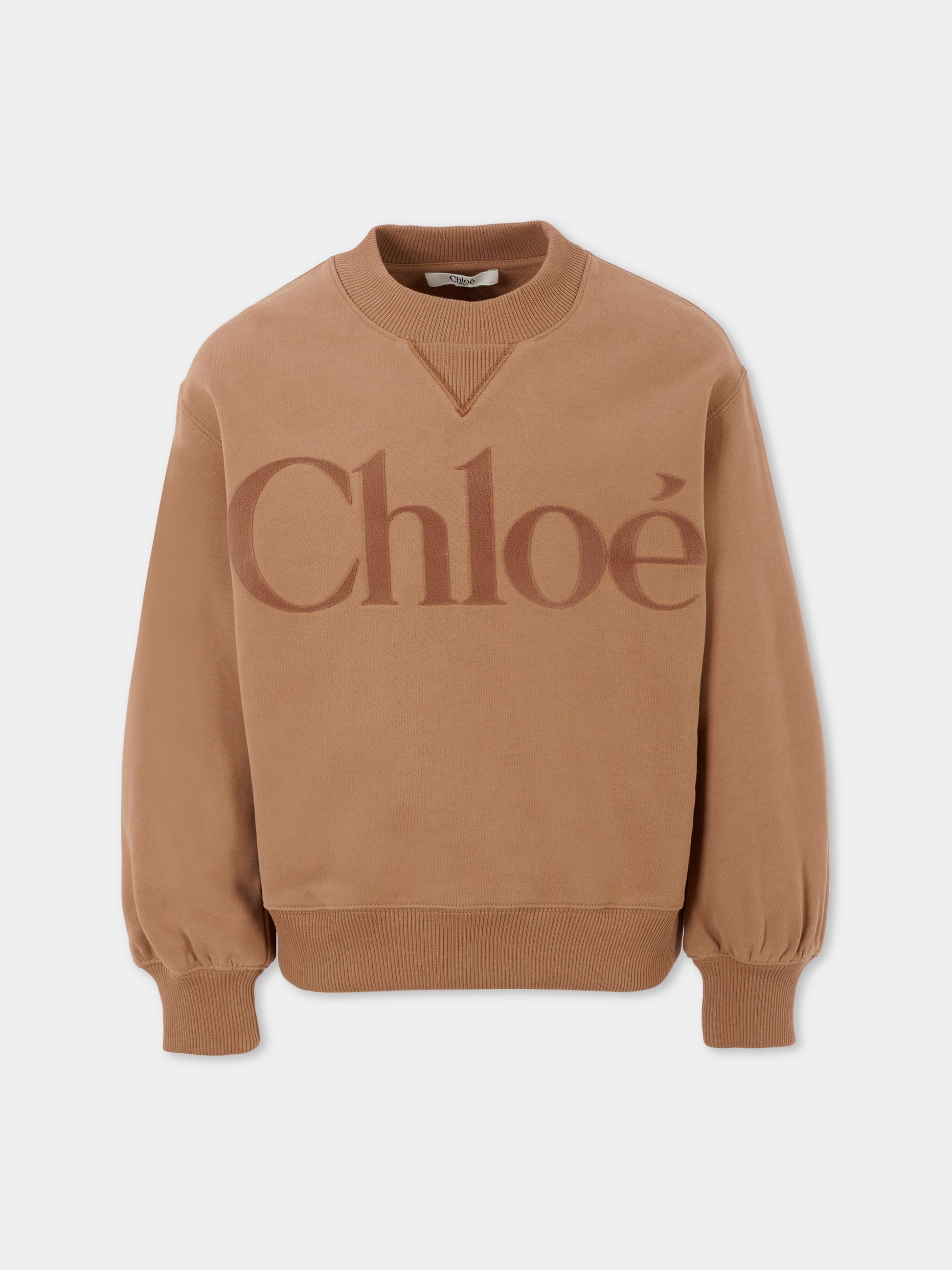 Felpa beige per bambina con logo in velluto,Chloé Kids,C20649 31C