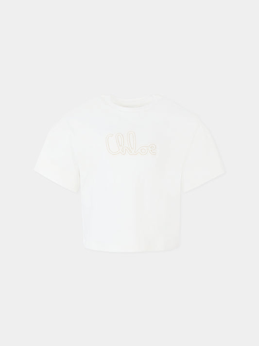 T-shirt bianca per bambina con logo ricamato,Chloé Kids,C20655 117