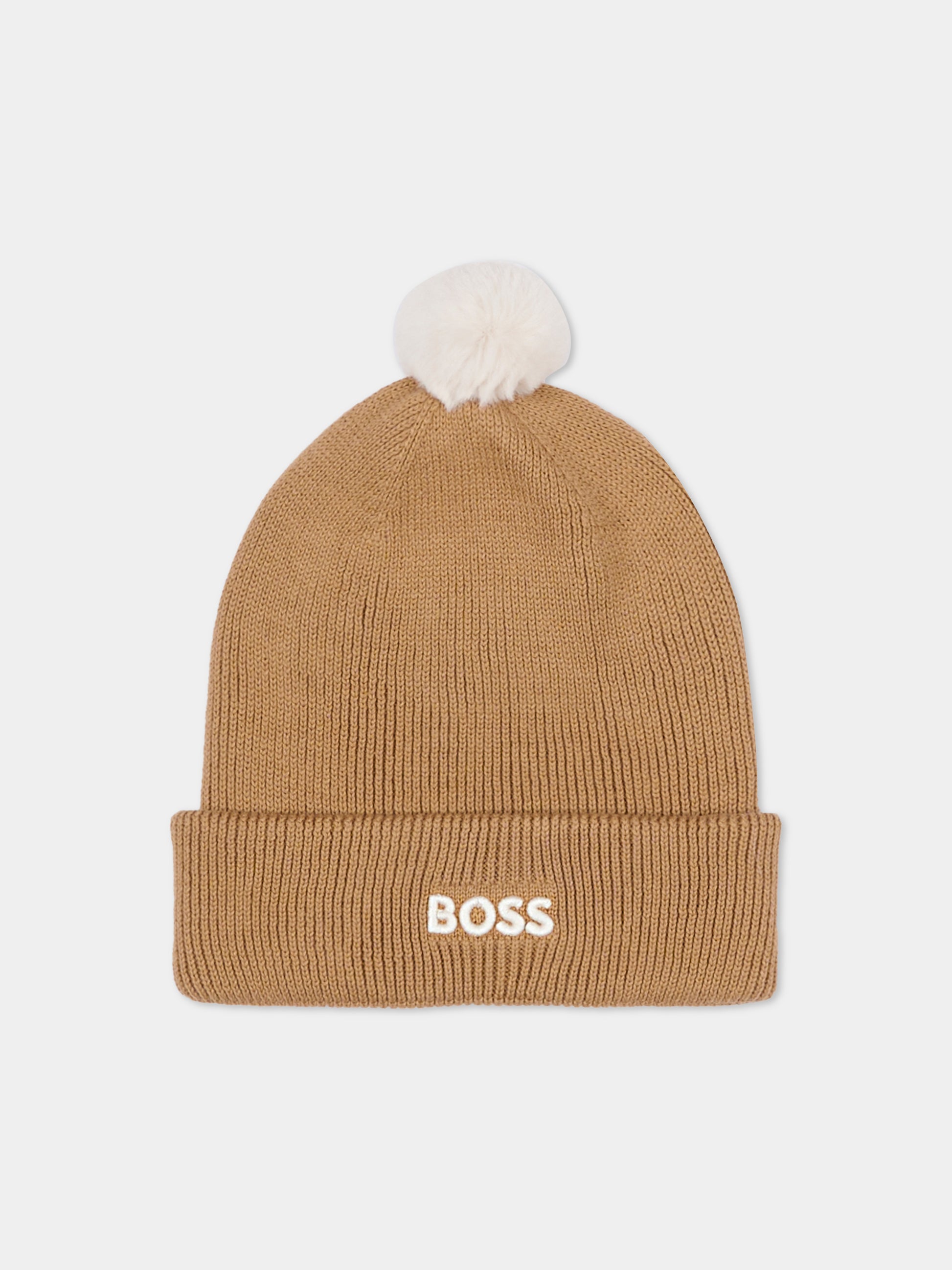 Berretto beige per neonato con pompon,Boss,J52595 269
