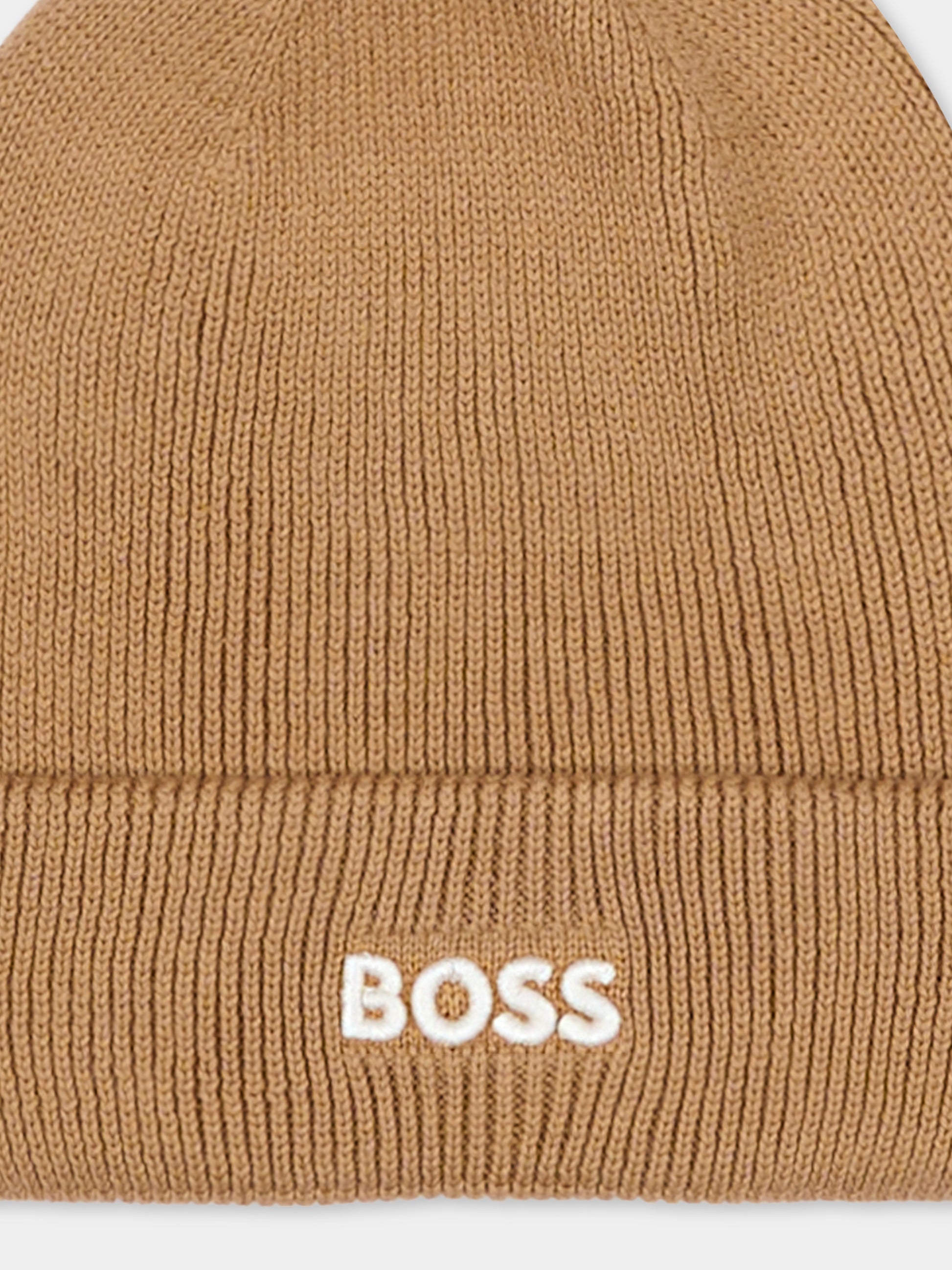 Berretto beige per neonato con pompon,Boss,J52595 269