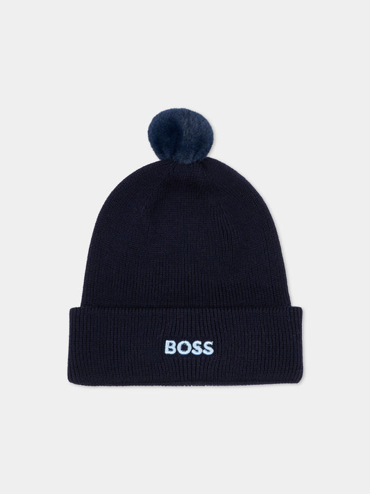 Berretto blu per neonato con pompon,Boss,J52595 849