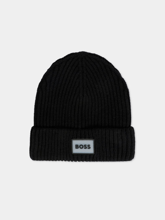 Berretto nero per bambino con patch,Boss,J52618 09B