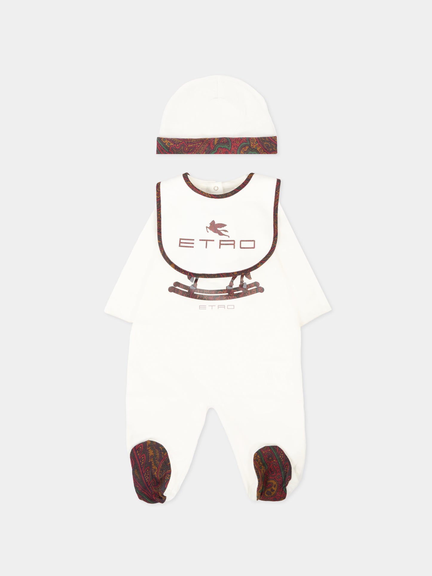 Set tutina avorio per neonati con Pegaso bordeaux e logo,Etro,GXB560 Z3186 101