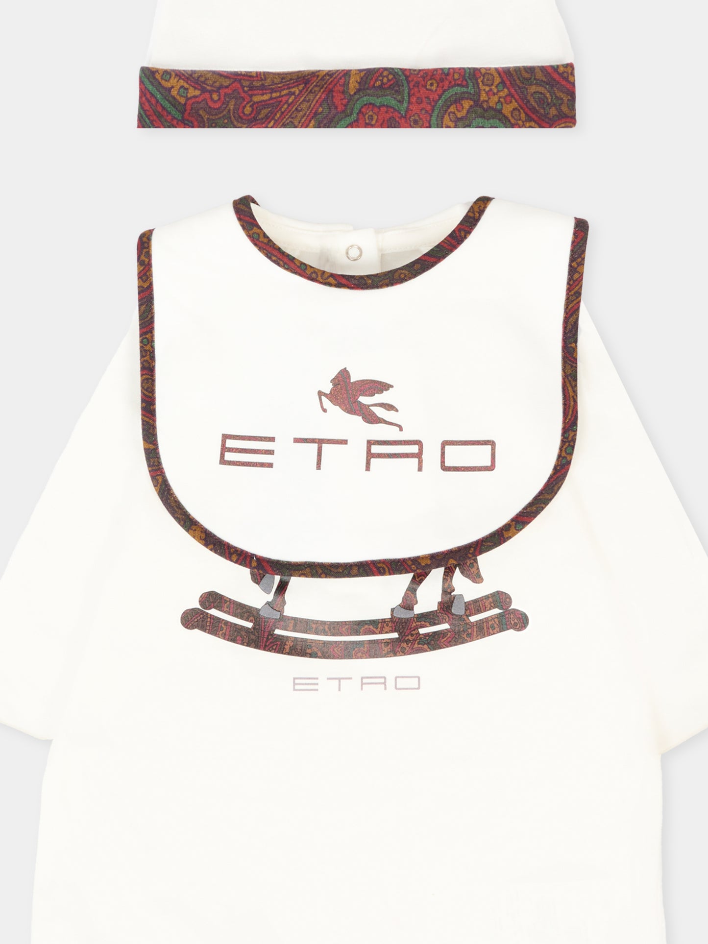 Set tutina avorio per neonati con Pegaso bordeaux e logo,Etro,GXB560 Z3186 101