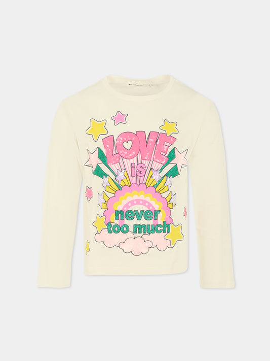 T-shirt avorio per bambina con scritta e stelle,Billieblush,U21608 121