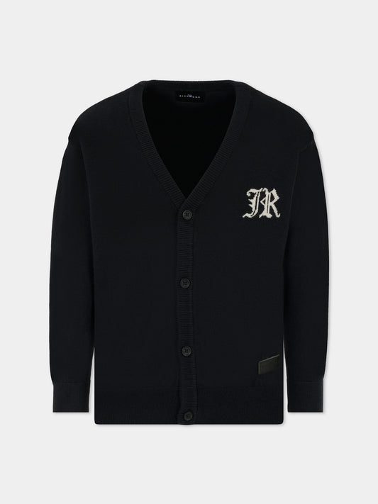 Cardigan nero per bambino con logo avorio,Richmond,RBA25012CD BLACK