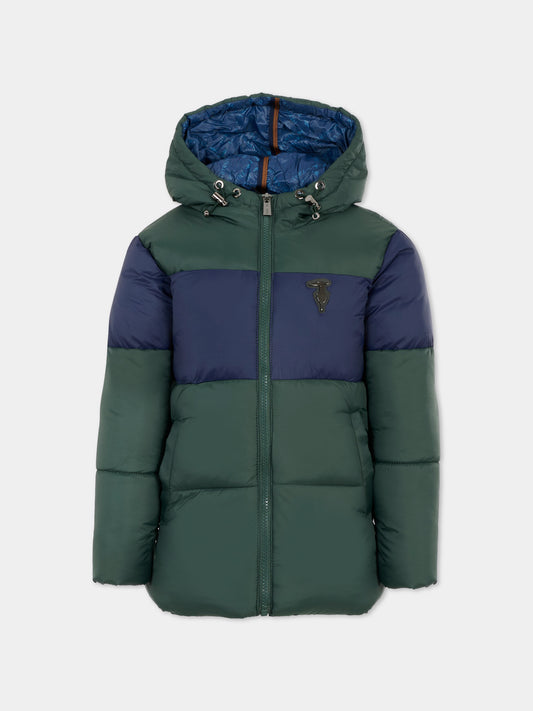Green down jacket for boy with logo