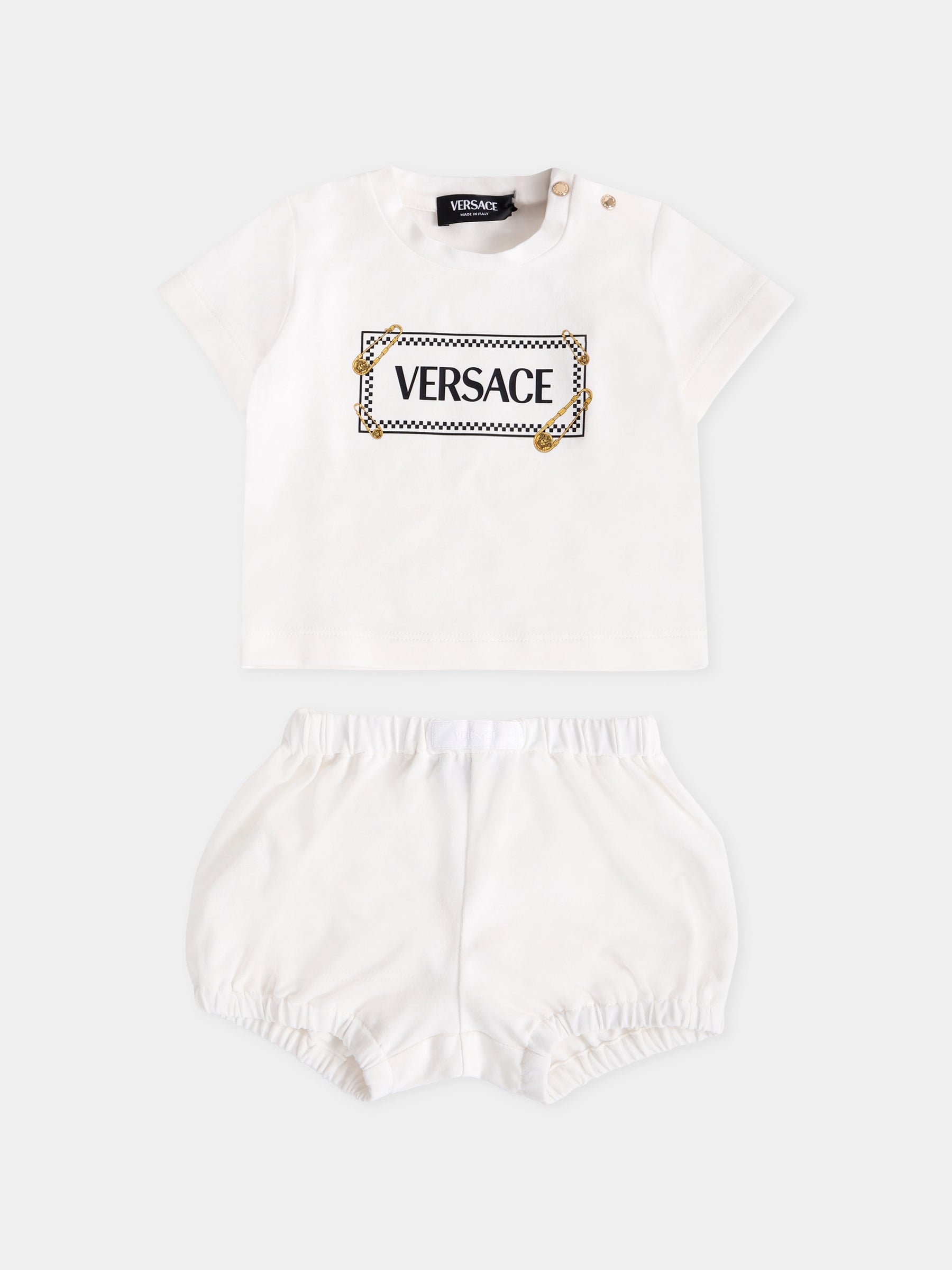 Completo avorio con '90 vintage logo e spille per neonati,Versace,1020939 1A15221 6W010