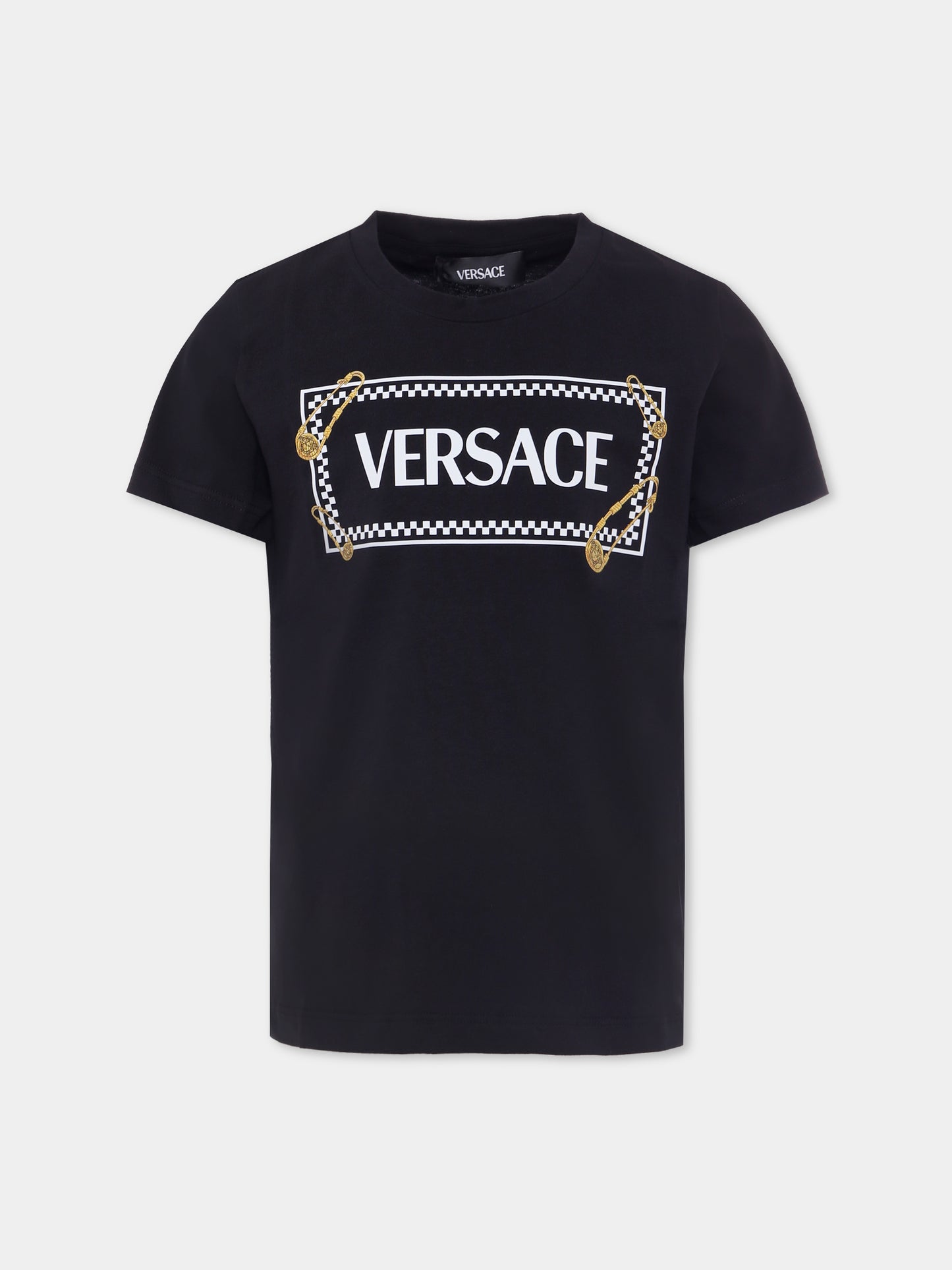 T-shirt nera con '90 vintage logo e spille per bambini,Versace,1018342 1A14910 2BV60