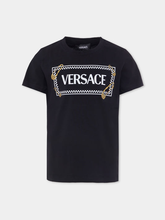 T-shirt nera con '90 vintage logo e spille per bambini,Versace,1018342 1A14910 2BV60