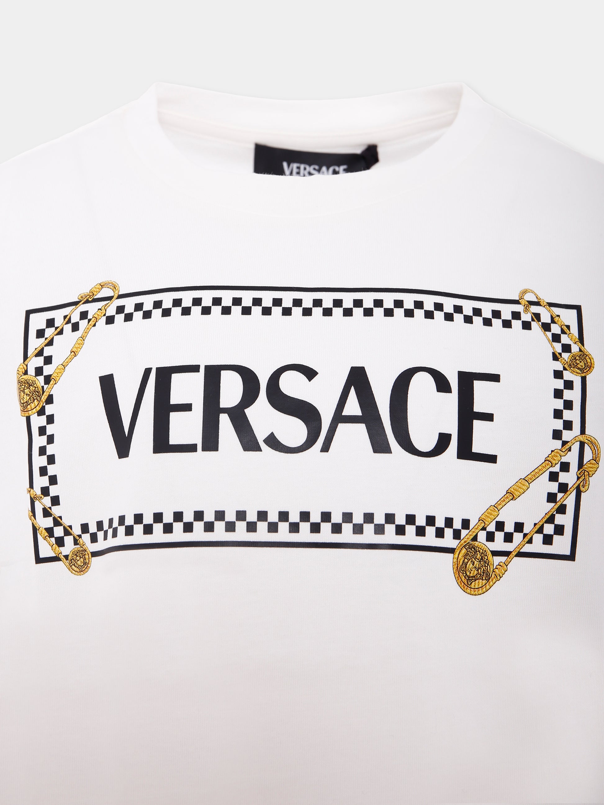 T-shirt bianca con '90 vintage logo e spille per bambini,Versace,1018342 1A14910 2W100