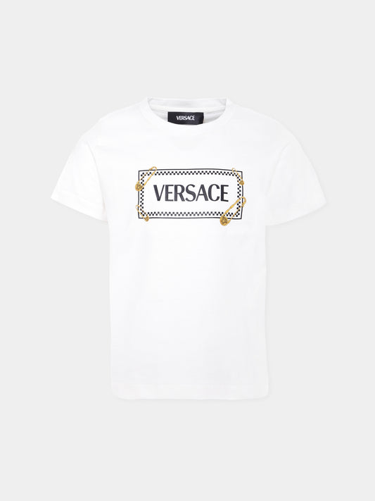 T-shirt bianca per bambini con '90 Vintage Logo e spille,Versace,1018570 1A14910 2W100