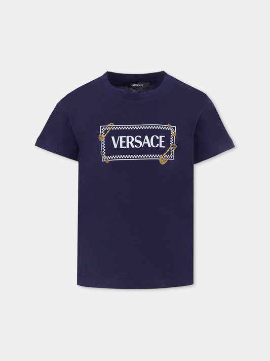 T-shirt nera con '90 vintage logo e spille per bambini,Versace,1018570 1A14910 2U2B0