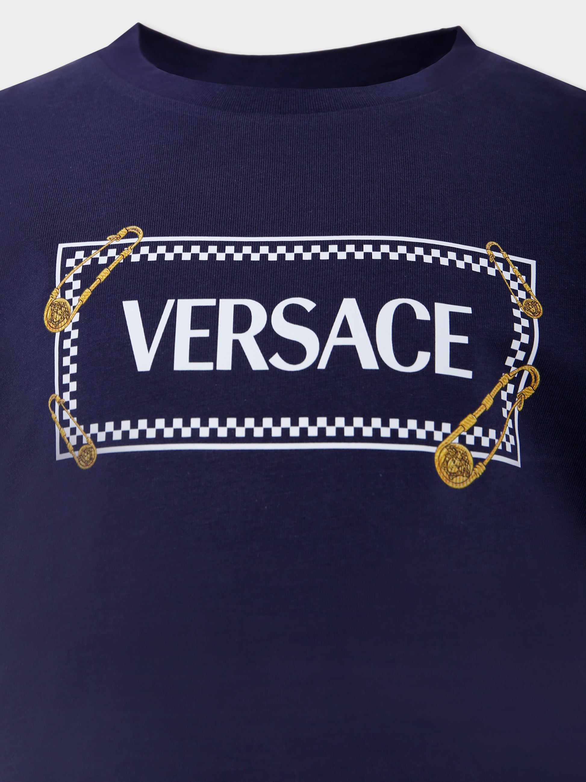 T-shirt nera con '90 vintage logo e spille per bambini,Versace,1018570 1A14910 2U2B0