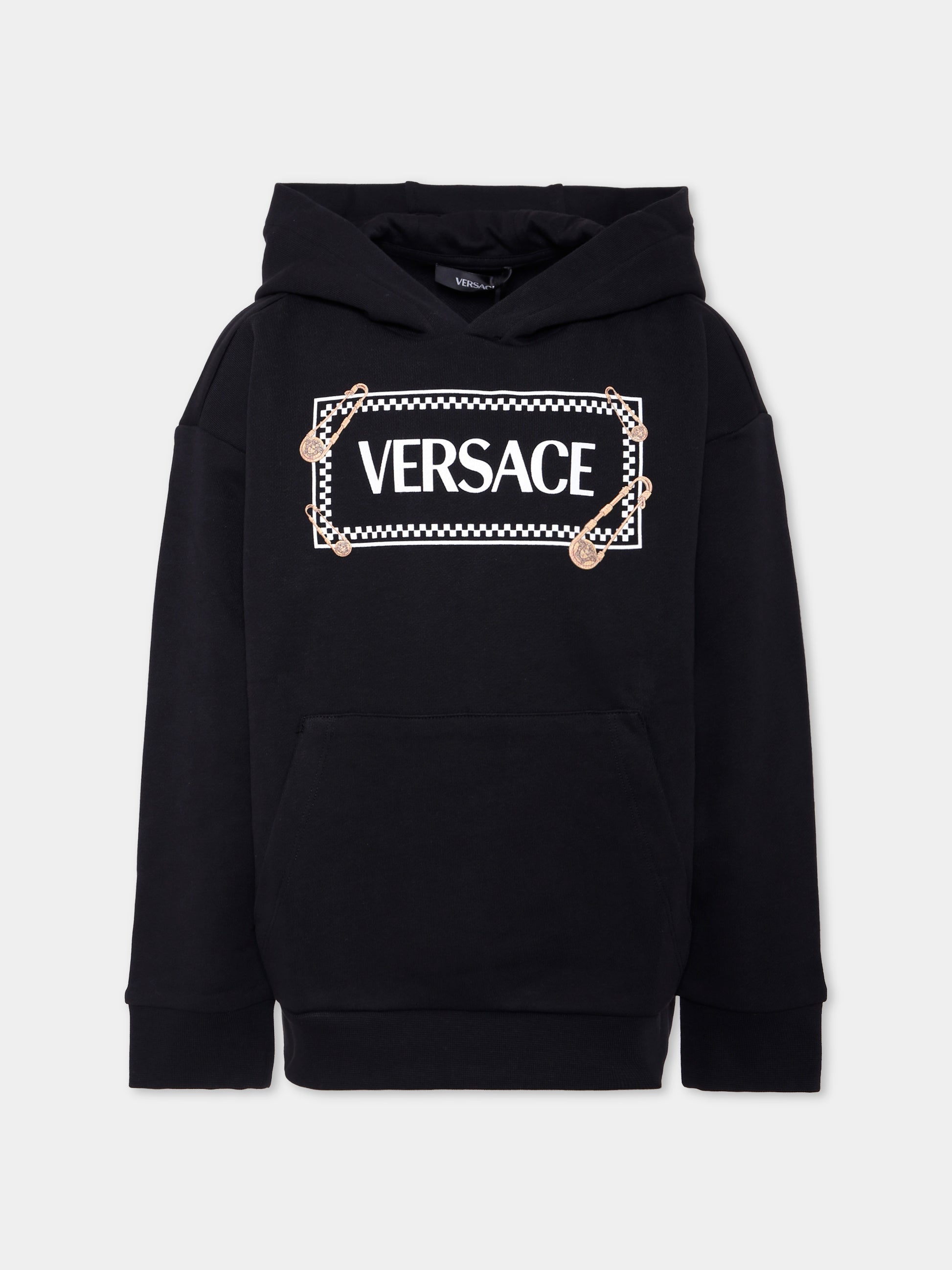 Felpa nera per bambini con '90 Vintage Logo e spille,Versace,1018331 1A14909 2BV60