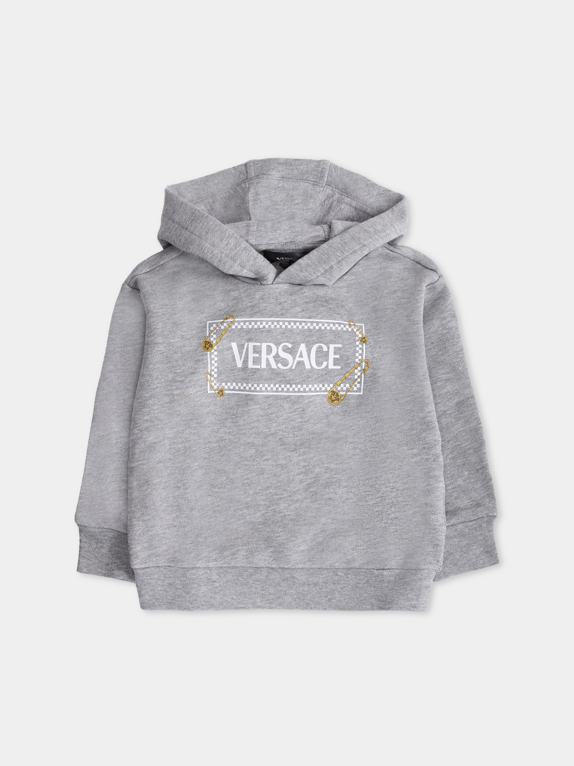 Felpa grigia con cappuccio e '90 vintage logo con spille per neonati,Versace,1018574 1A15324 2ES70