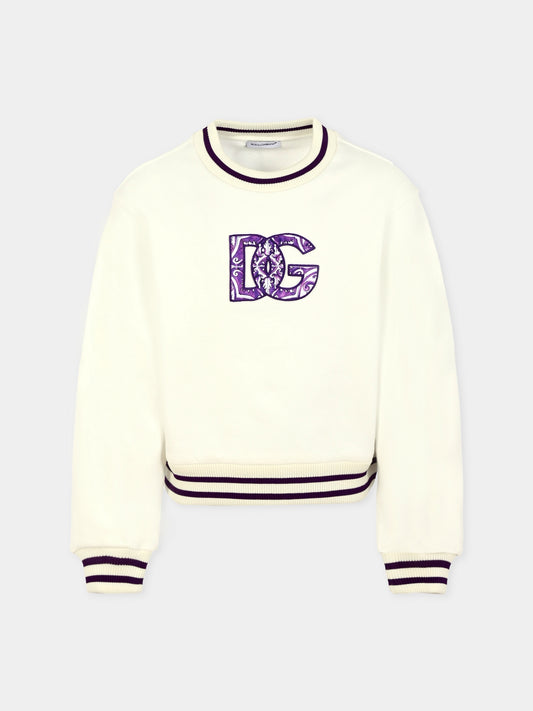 Felpa crop bianca per bambina con stampa maioliche e ricamo DG,Dolce & Gabbana Kids,L5JWBZ G7PED W0111