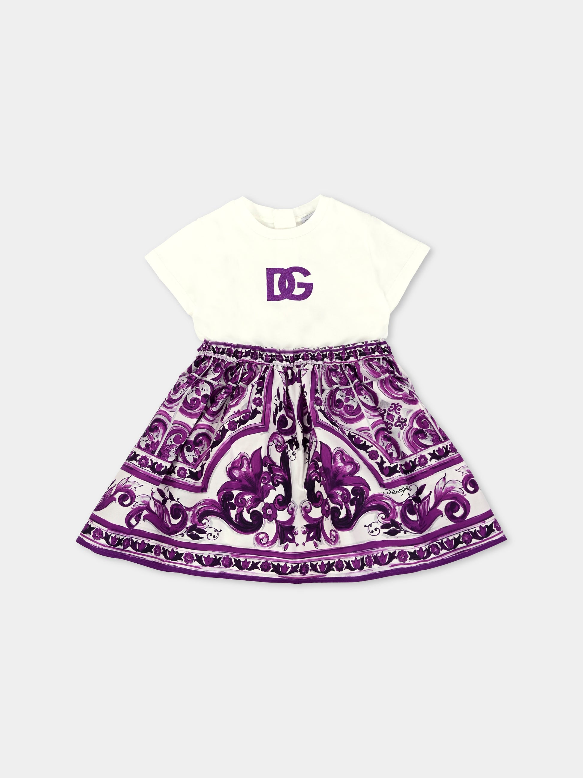 Vestito viola per neonata con stampa maioliche,Dolce & Gabbana Kids,L2JDAG G7PEE S9000