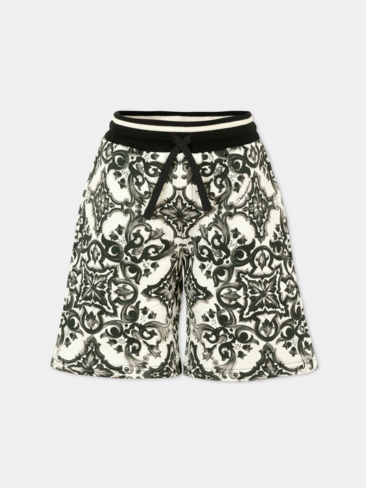 Shorts neri per bambino con stampa maiolica,Dolce & Gabbana Kids,L4JQP8 II7HR IZ3TN
