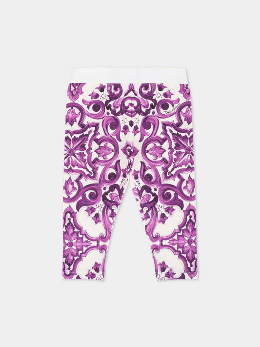 Leggings viola per neonata con stampa maioliche,Dolce & Gabbana Kids,L2JP5B HPGF4 IP3TN