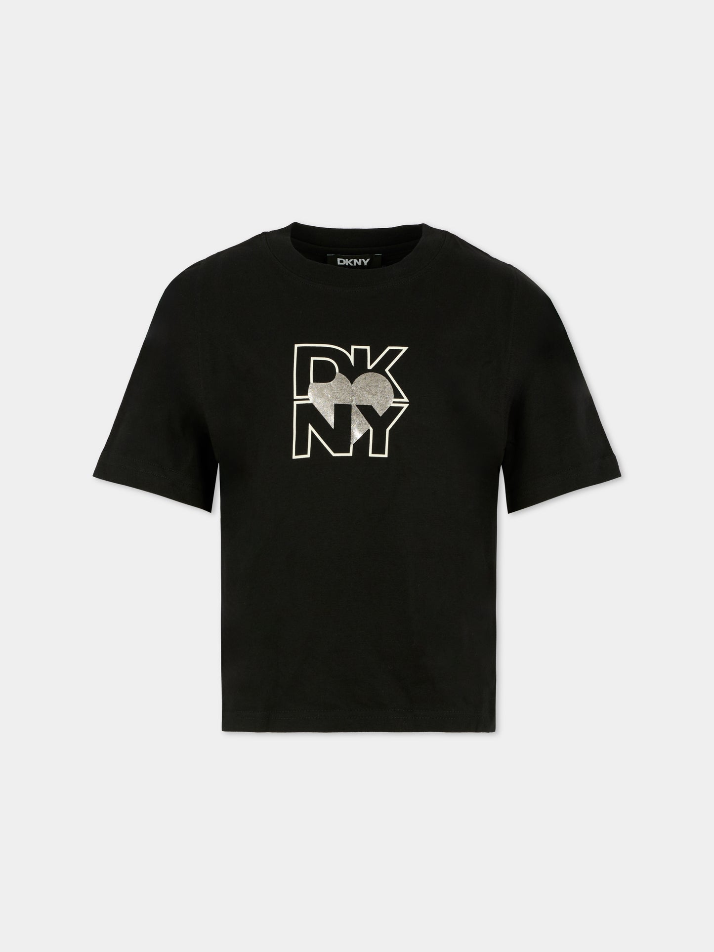 T-shirt nera per bambina con logo e cuore,Dkny,D62417 09B