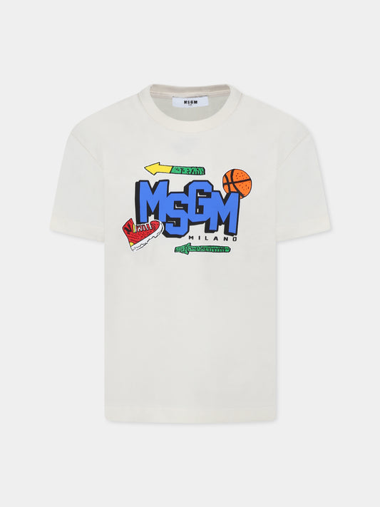T-shirt avorio per bambino con logo e palla,Msgm Kids,F4MSJBTH246 013