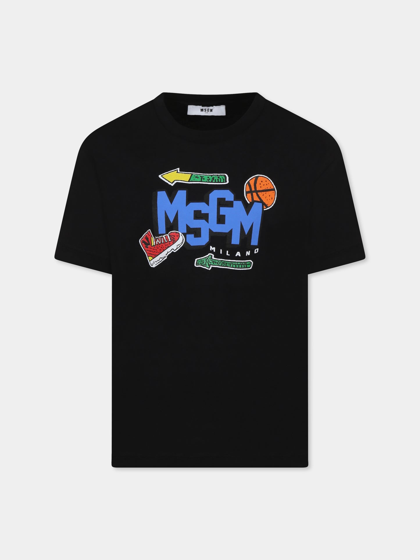 T-shirt nera per bambini con logo e palla,Msgm Kids,F4MSJBTH246 110
