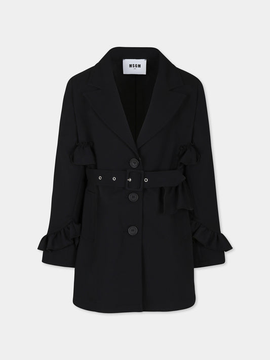 Cappotto nero per bambina con rocuhes e logo,Msgm Kids,F4MSJGCO134 110