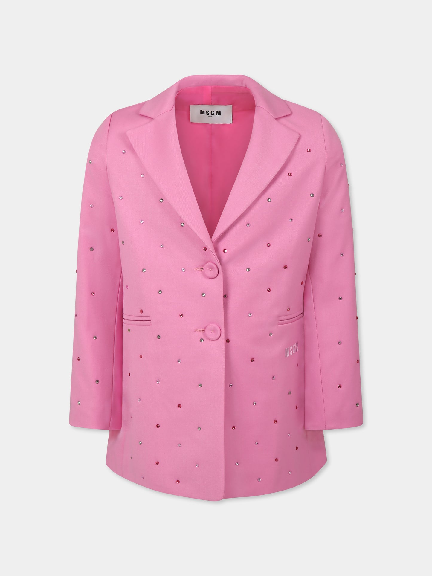 Giacca rosa per bambina con strass e logo,Msgm Kids,F4MSJGJK186 042