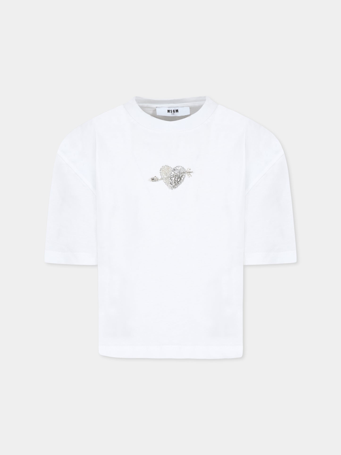 T-shirt bianca per bambina con cuore e cristalli,Msgm Kids,F4MSJGTH117 001