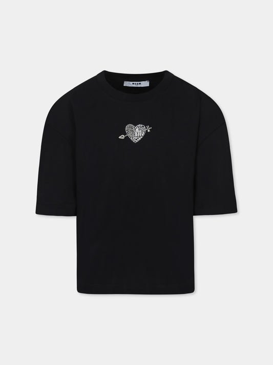 T-shirt nera per bambina con cuore e cristalli,Msgm Kids,F4MSJGTH117 110