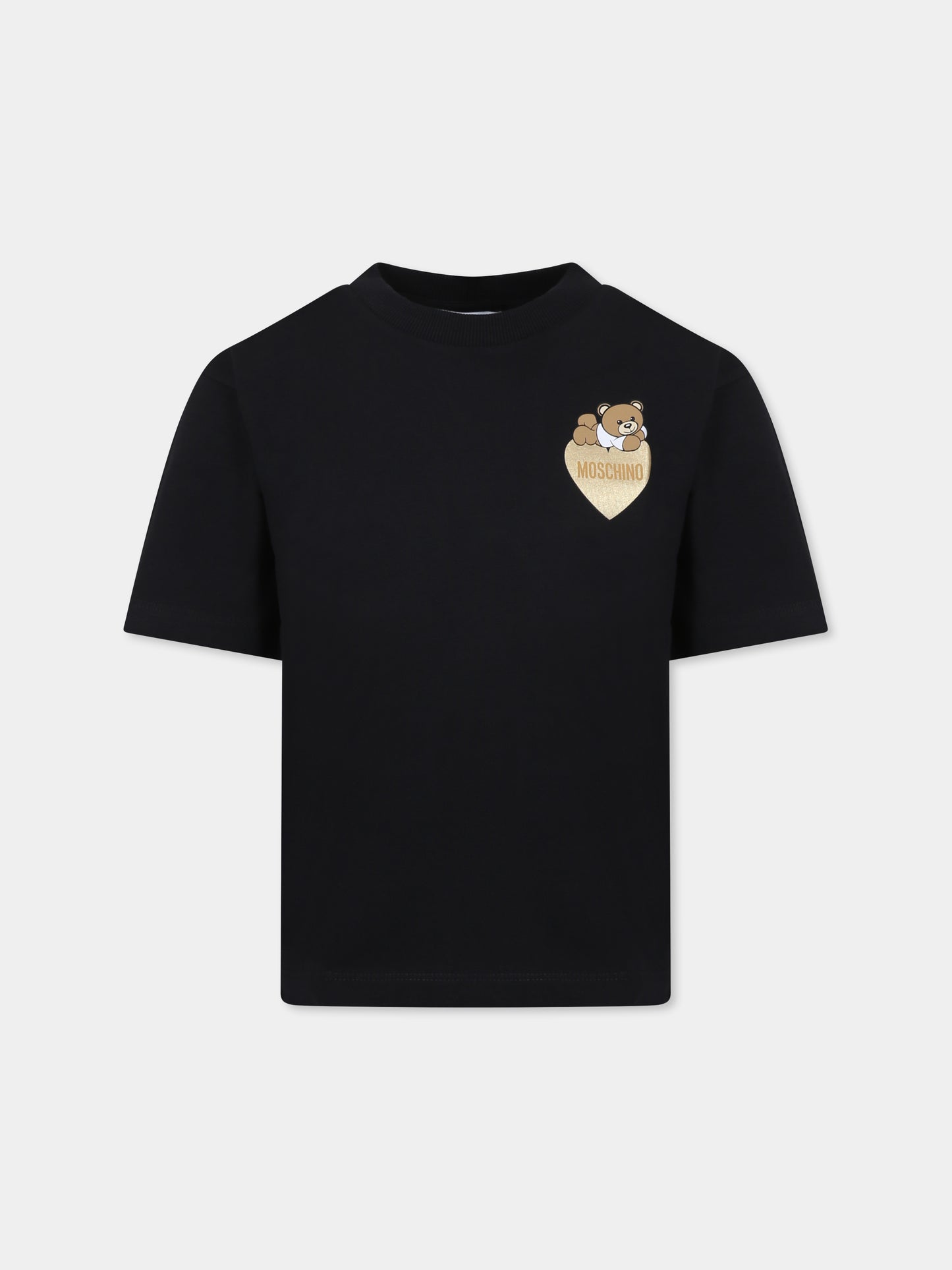 T-shirt nera per bambina con Teddy Bear e cuore,Moschino Kids,HGM060 LBA11 60100
