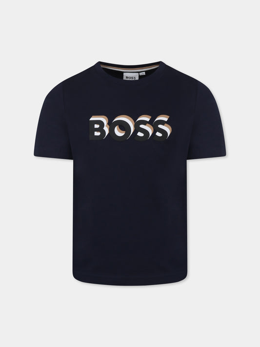 T-shirt blu per bambino con logo,Boss,J50723 849