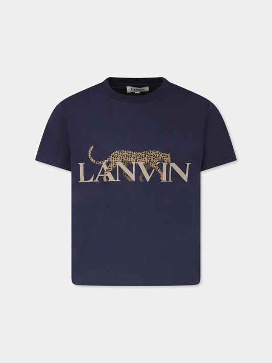 T-shirt blu per bambino con logo e ghepardo,Lanvin Petite,N30066 84H