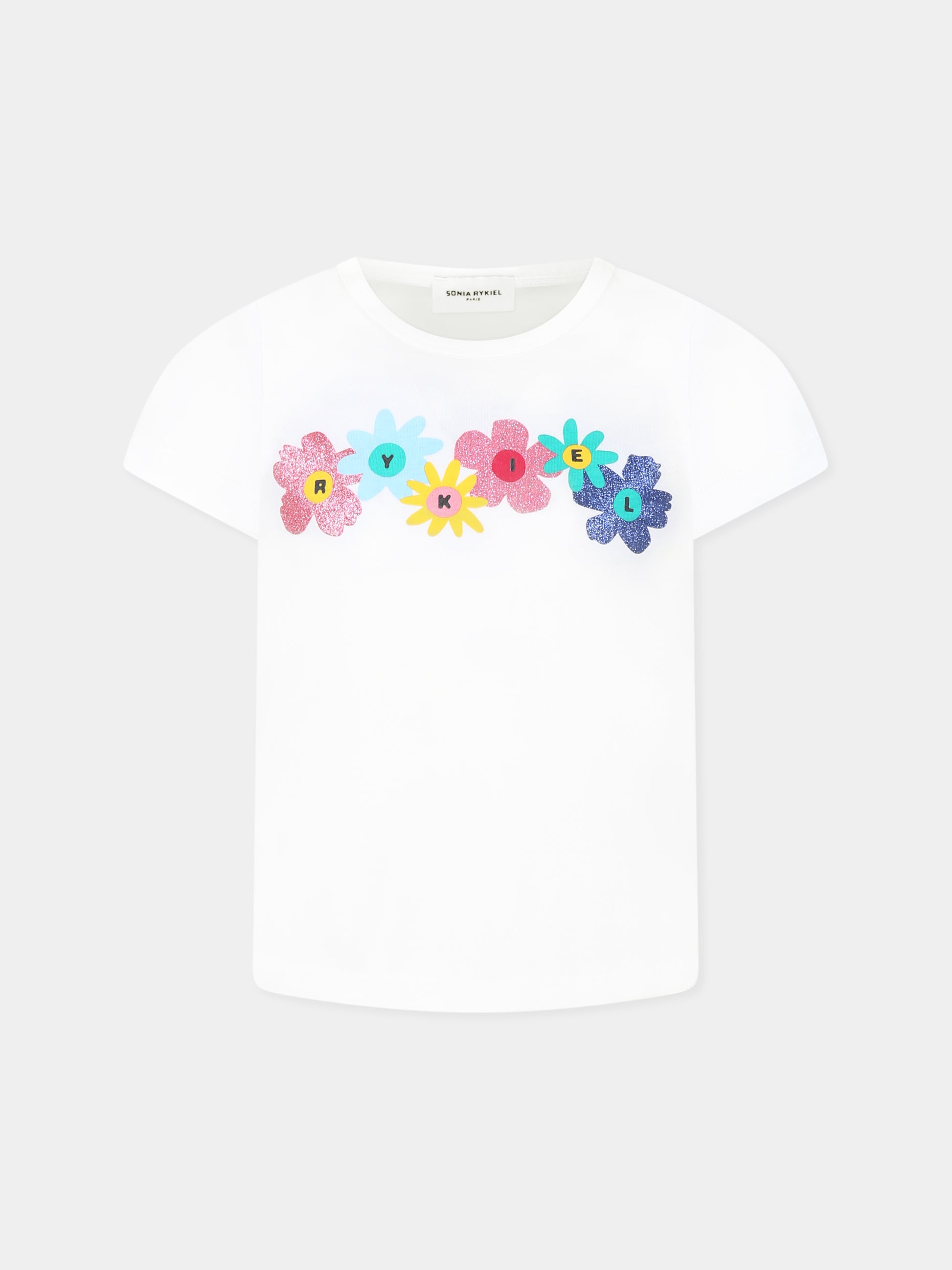 T-shirt bianca per bambina con logo e fiori,Sonia Rykiel Paris,A00180 10P