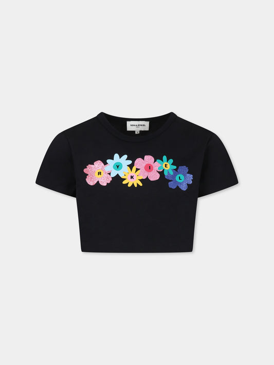 T-shirt crop nera per bambina con logo e fiori,Sonia Rykiel Paris,A00182 09B