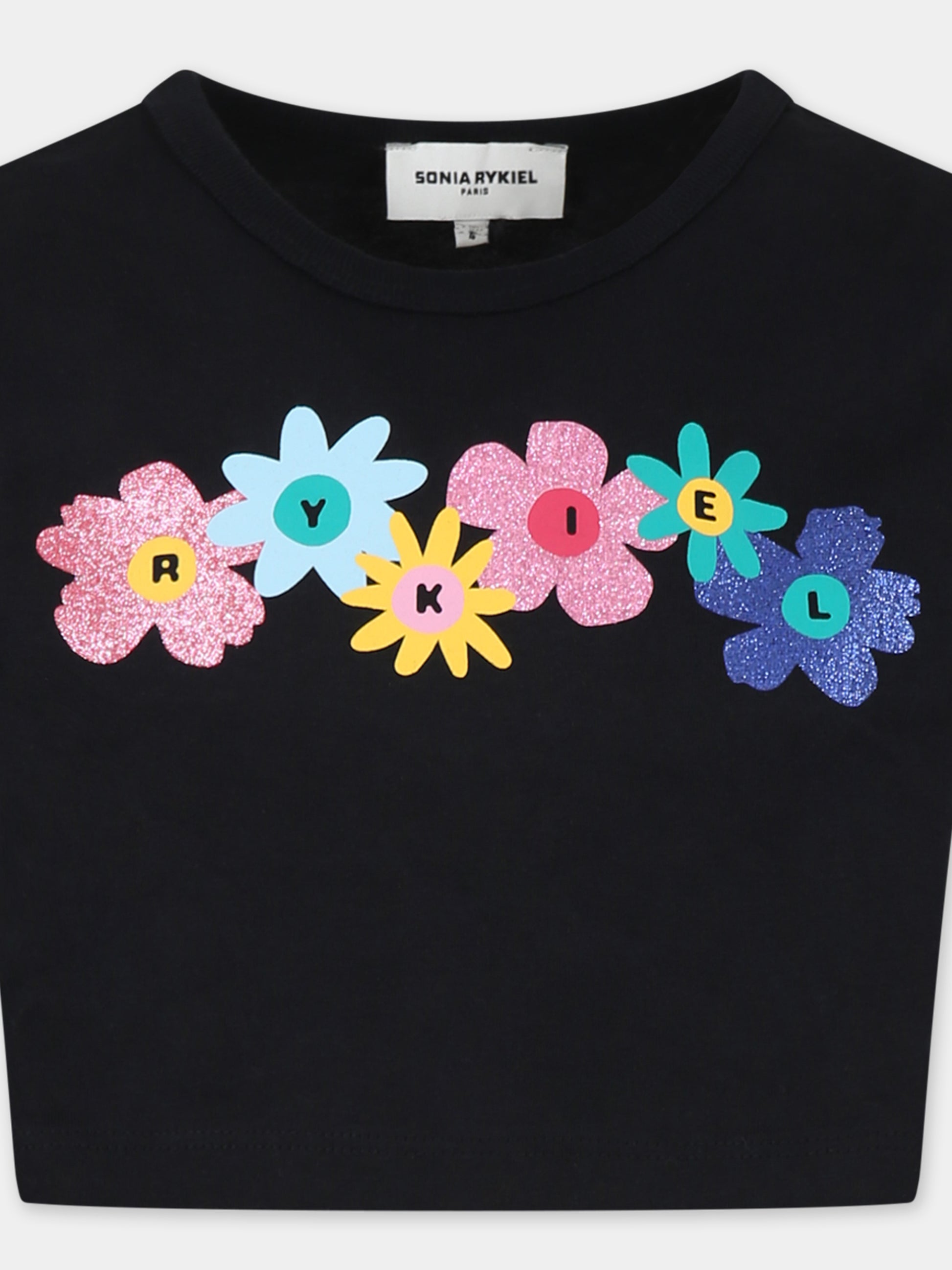 T-shirt crop nera per bambina con logo e fiori,Sonia Rykiel Paris,A00182 09B