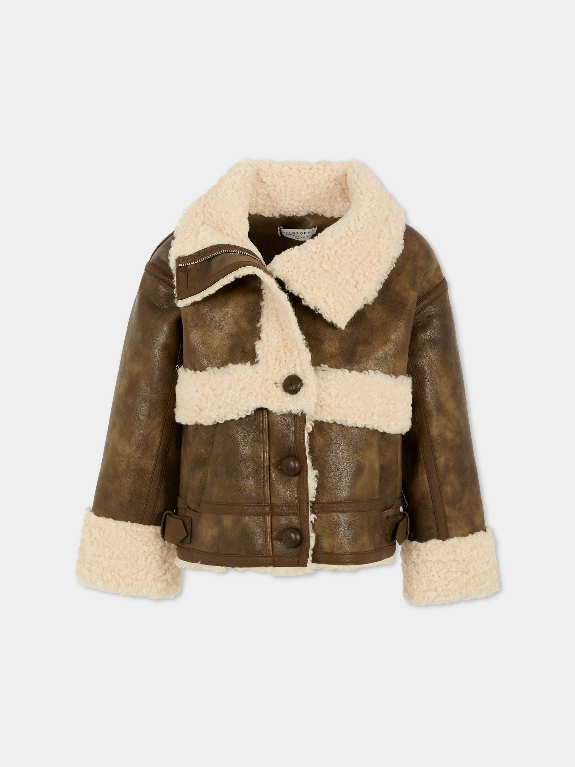 Ecopelliccia marrone per bambina con logo ricamato,Philosophy,I9F100 - 6038 - P006