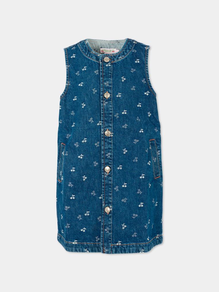 Vestito denim per bambina con ciliegie all over,Bonpoint,W05GDRW00059 617