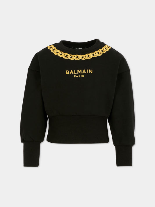 Felpa nera crop per bambina con catena e logo ricamati,Balmain Kids,BX4C10-Z3183 930OR