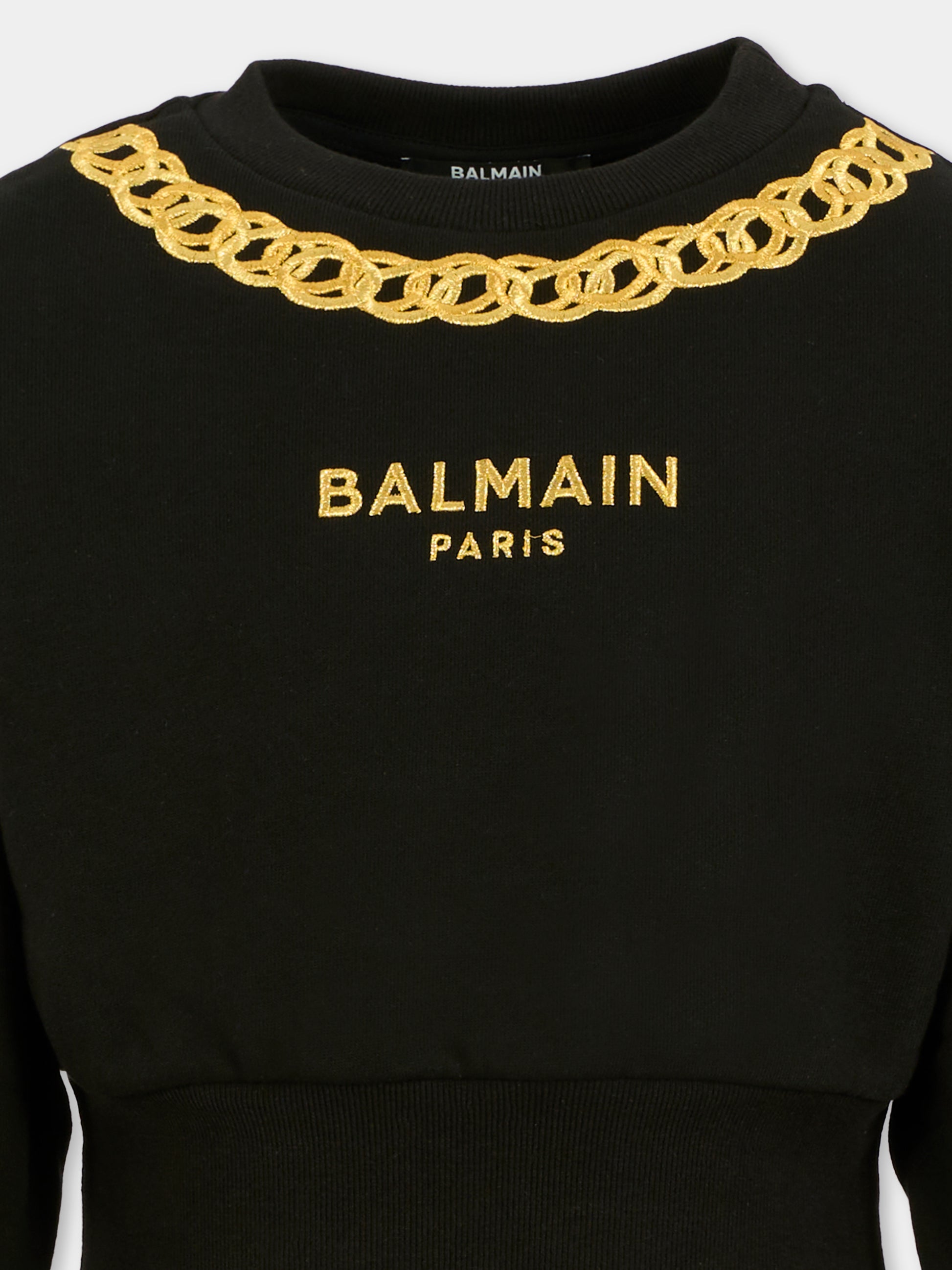 Felpa nera crop per bambina con catena e logo ricamati,Balmain Kids,BX4C10-Z3183 930OR
