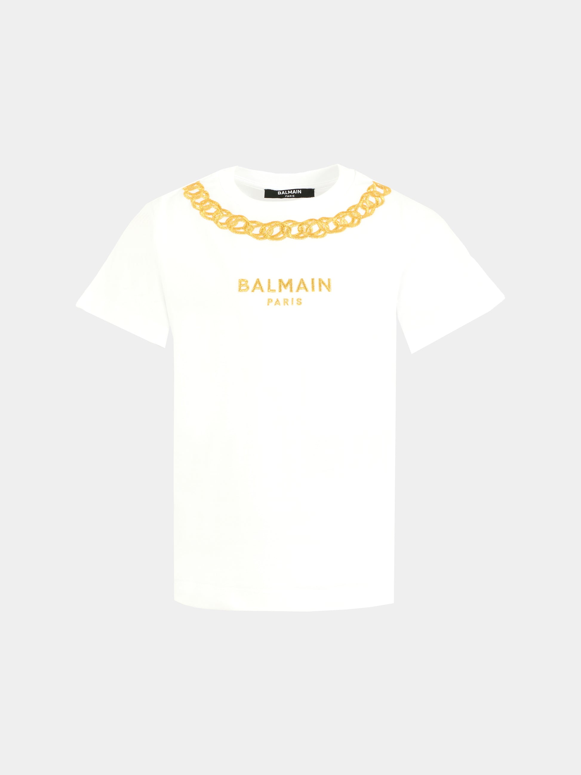 T-shirt bianca per bambina con catena e logo ricamati,Balmain Kids,BX8B71-Z3186 100OR
