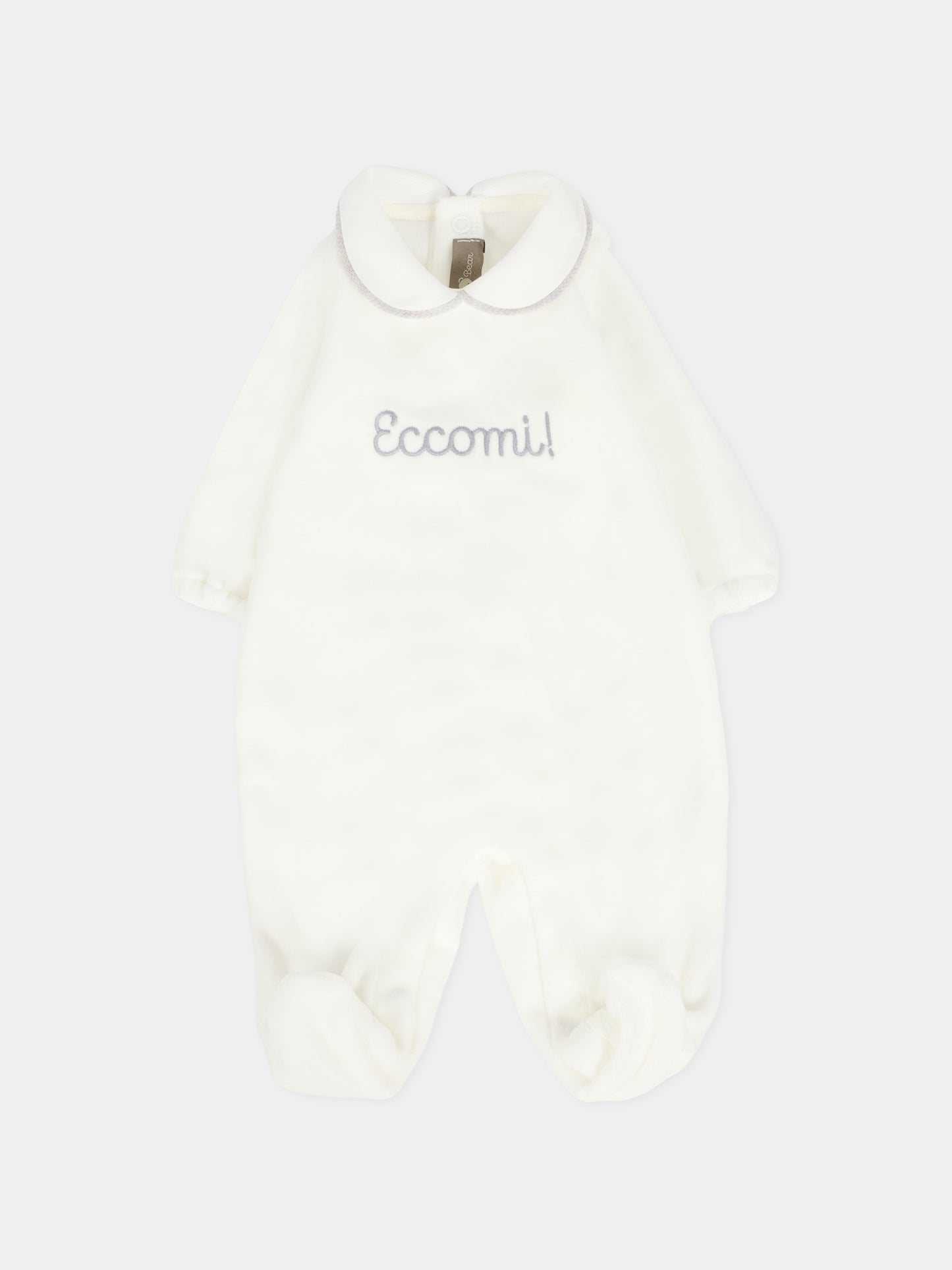 Tutina bianca per neonati con scritta Eccomi,Little Bear,2028 LATTE/GRIGIO
