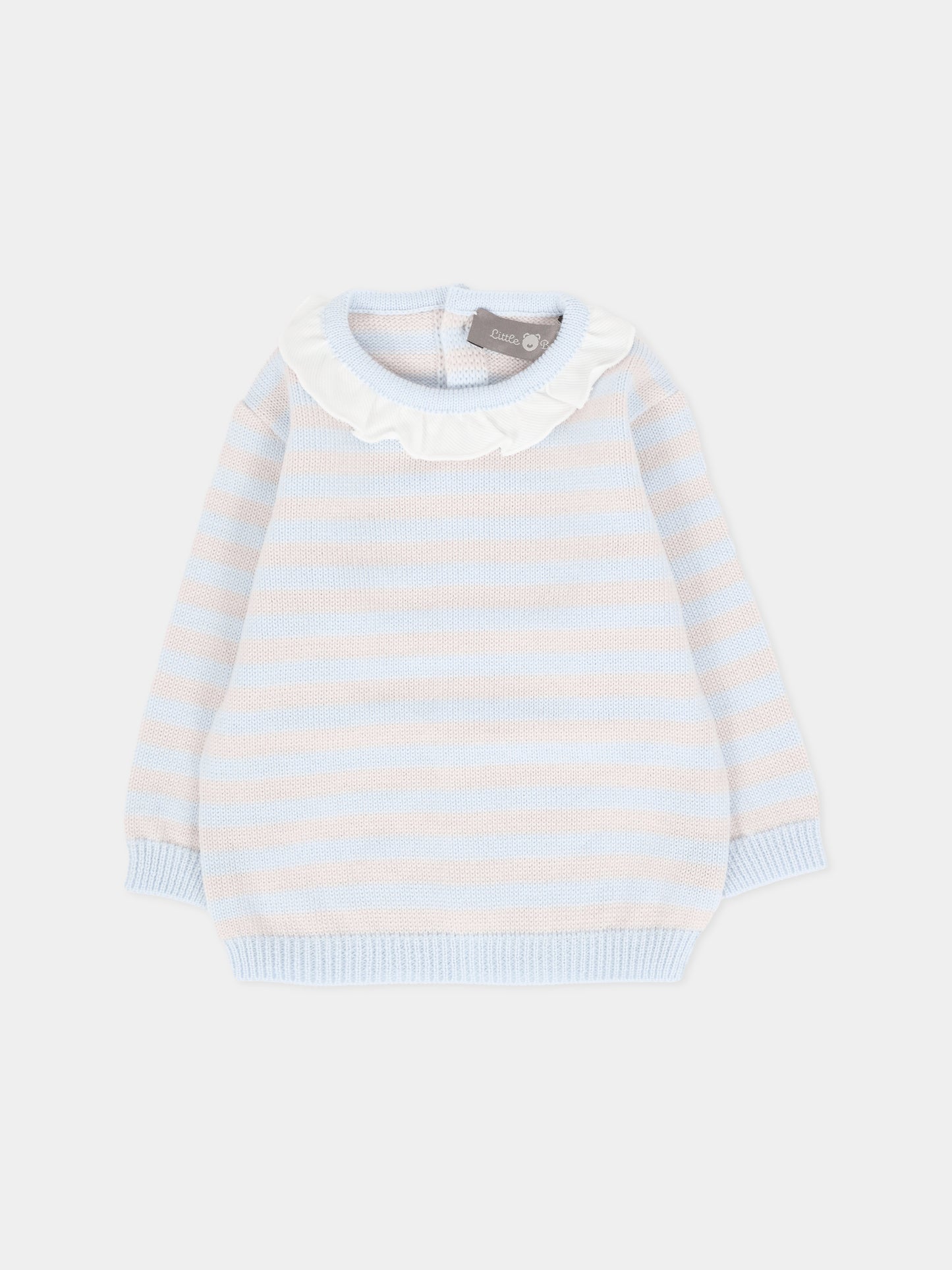 Maglione celeste per neonata con righe beige,Little Bear,2128 CIELO/BURRO